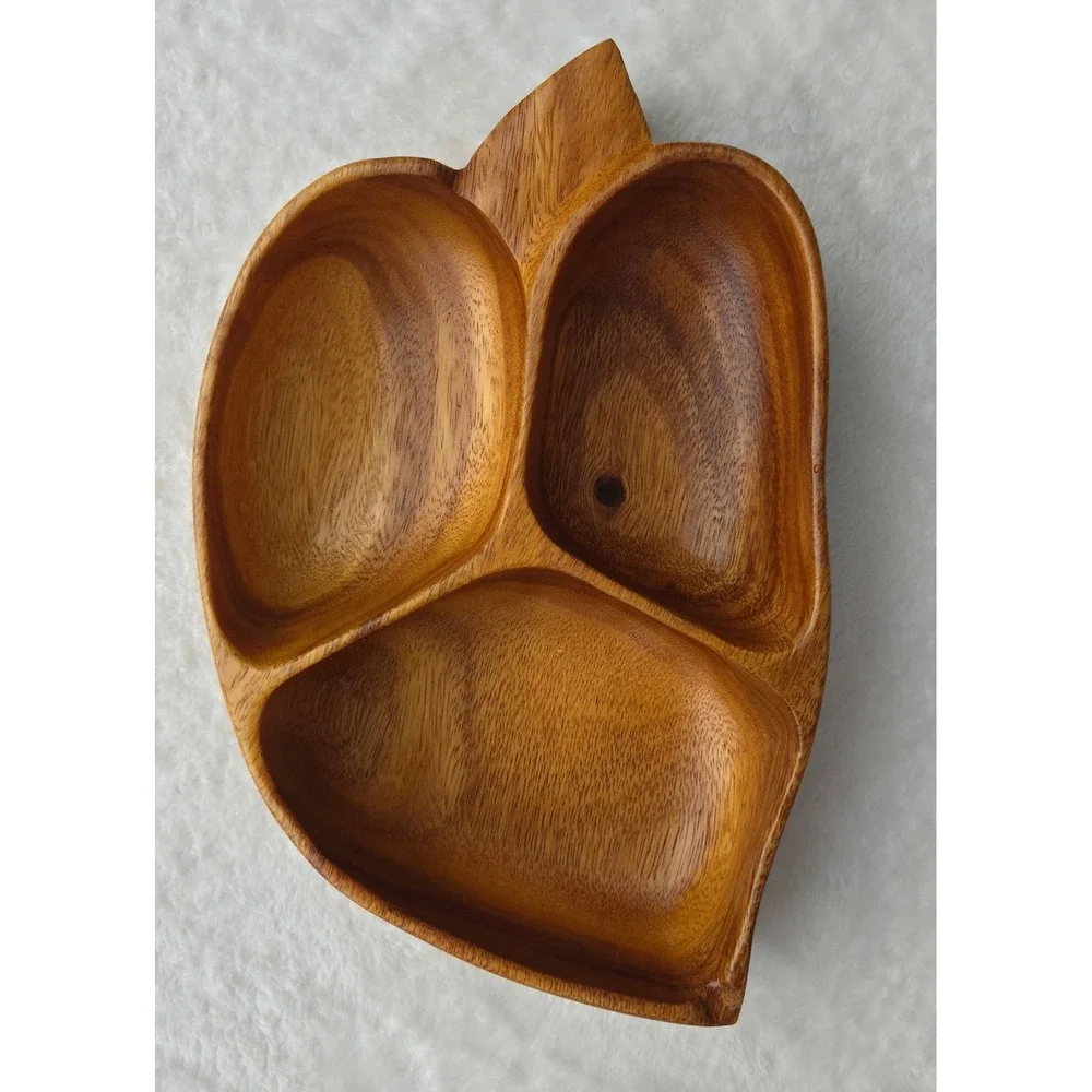 VIntage MCM Monkey Pod Wood Leaf Serving Tray 3 Section Divided Snack DIsh Tiki